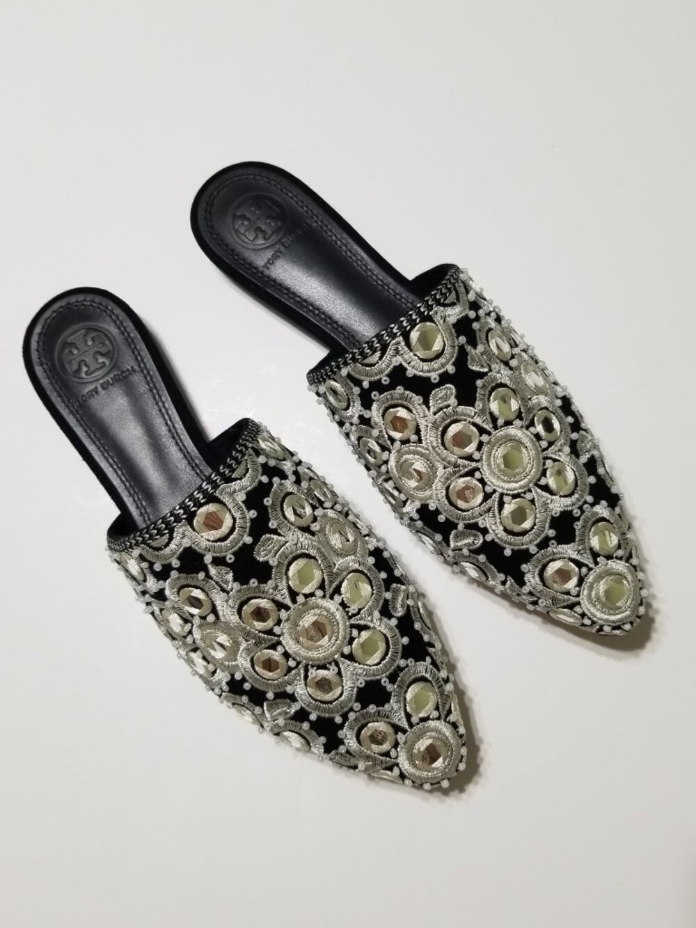 Tory Burch Elora Slide Black Suede Mirror Embroidery Flat Mule Slipper 6 $378